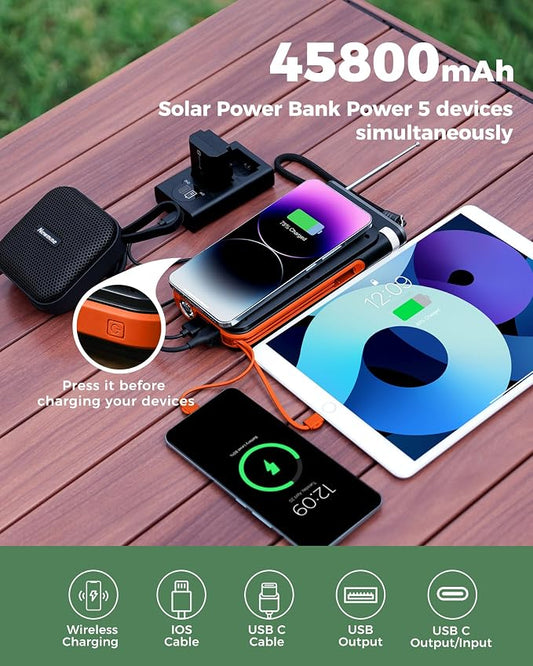 GOODaaa Solar Power Bank, 45800mAh Wireless Portable Charger Built-in Cables - Image 2