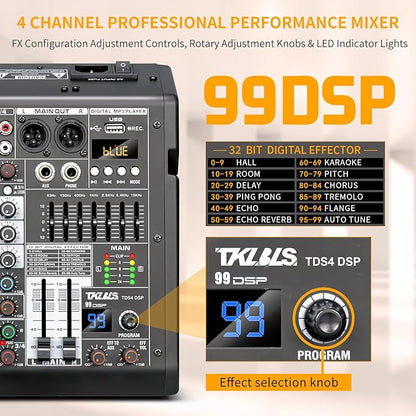 Audio Mixer, 4 Channel Sound Board Mixing Console - Image 3