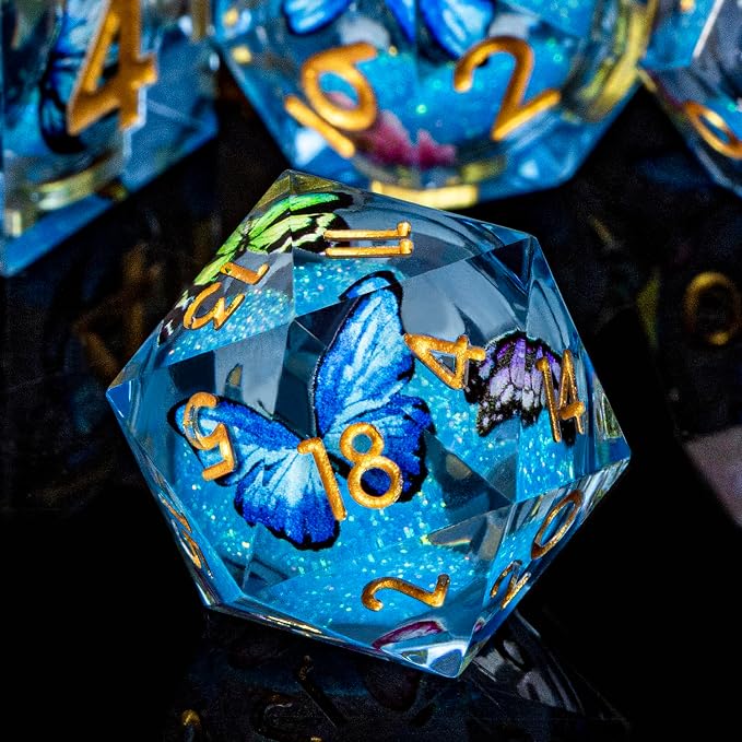 Butterfly DND Dice Blue Liquid Core Dice Set by ORIFANTOU