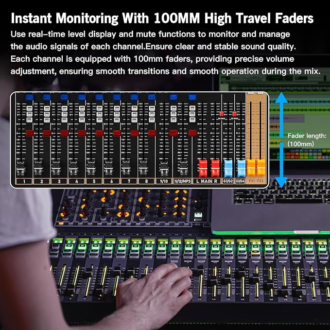 Digital Mixer 16 Channel, Sound Board Mixing Console, Dual DSP Reverb, Dual - Image 3