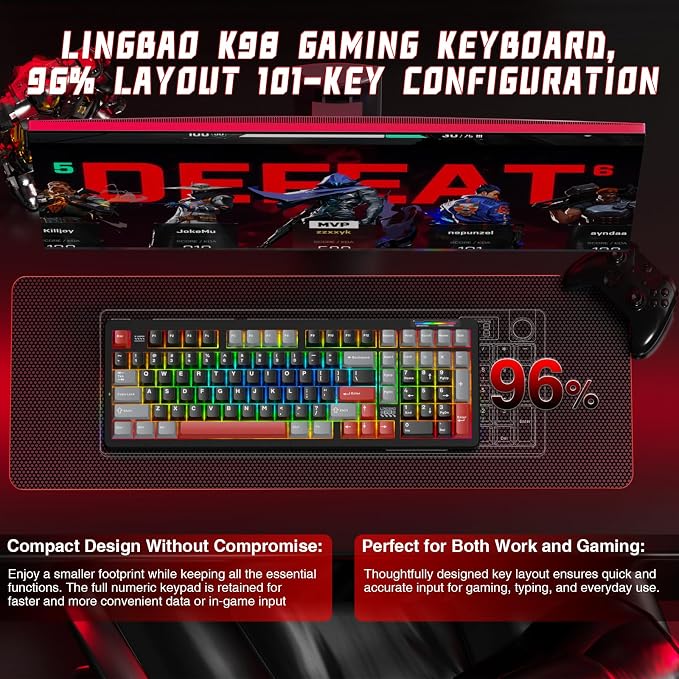 LINGBAO K98 Wireless Mechanical Gaming Keyboard, Tri-Mode BT5.0/2.4GHz/USB-C - Image 5