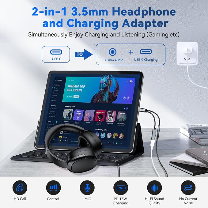 USB Type C to 3.5mm Headphone and Charger Adapter, 2 in 1 USB C to Aux Audio - Image 2