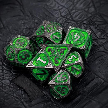 Haxtec Metal Dice Set Green Black Dragon Pattern Metal DND Dice - Image 4