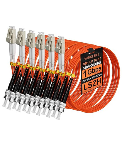 6 Pack LC to ST OM1 Fiber Patch Cables 2M, 62.5/125µm MultiMode Duplex Fiber by VANDESAIL