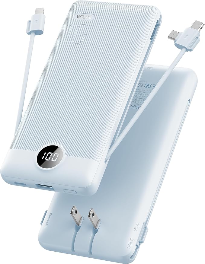 VRURC Portable Charger Built-in Cables and AC Wall Plug, USB C Power Bank by Home