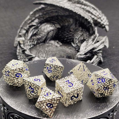 Silver Metal Hollow DND Dice Set Metallic Luster Maze Design - Image 7