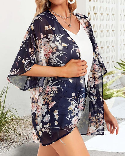 Women's Floral Print Puff Sleeve Kimono Cardigan Loose Cover Up Casual Blouse - Image 7