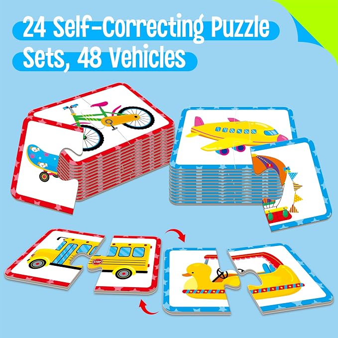 48 Vehicle Matching Puzzles, Self-Correcting Puzzle Match Game Educational - Image 2