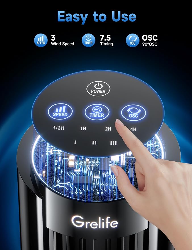 Grelife Tower Fan, 28dB Quiet Operation, 90° Wide Oscillation, 3 Speeds - Image 4