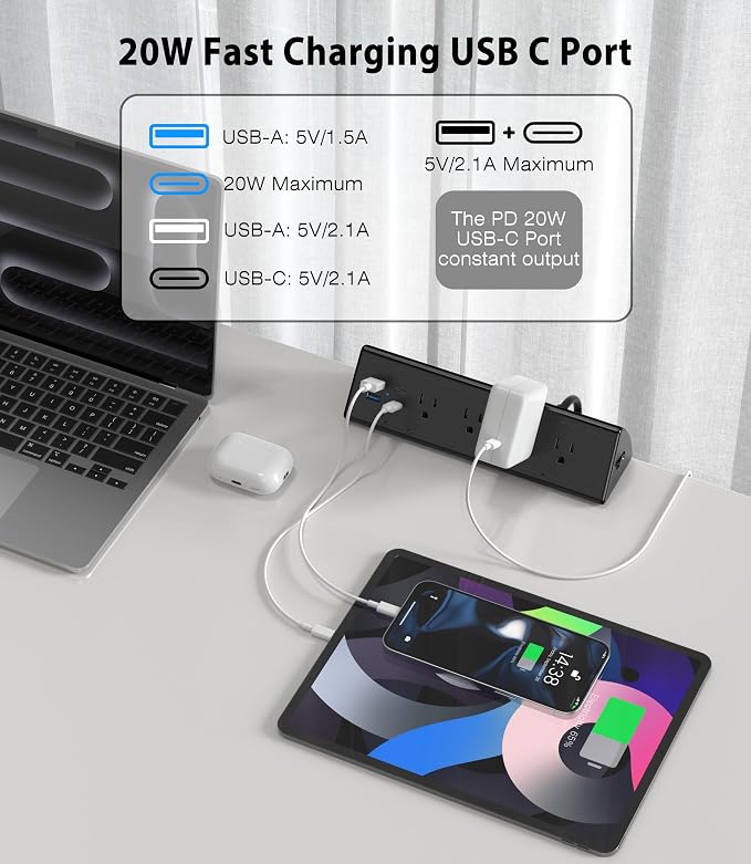 Jgstkcity Desk Clamp Power Strip, 20W Fast Charging Station, Surge Protector - Image 4