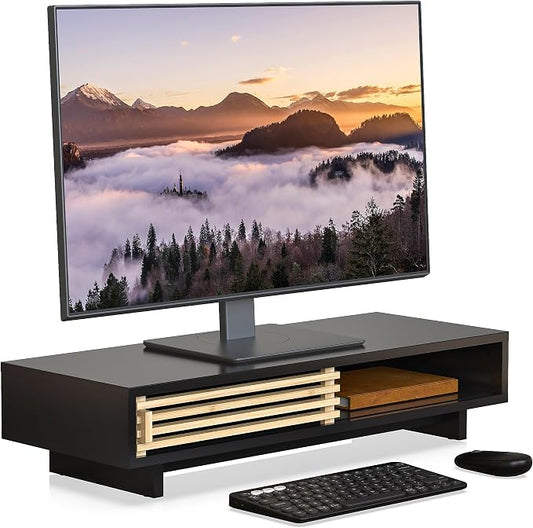 Monitor Stand Riser with Sliding Door, Computer Laptop Stand Desk Shelf by WELLWENG