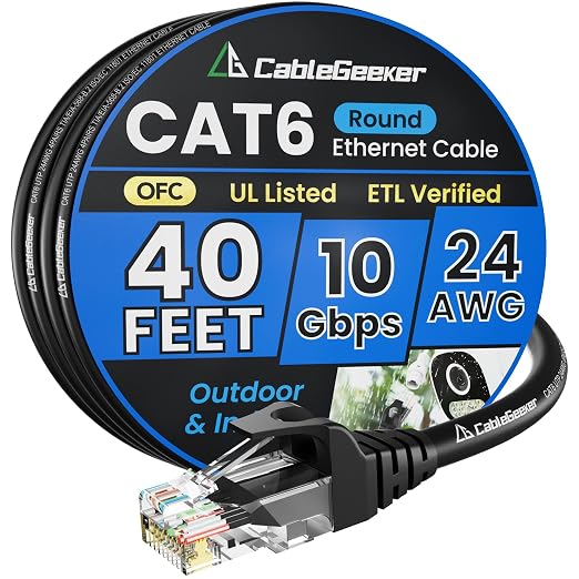 Cat 6 Ethernet Cable 40 ft, Indoor&Outdoor, High Speed 10Gbps 24AWG Pure Copper by CableGeeker