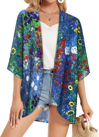 Women's Floral Print Puff Sleeve Kimono Cardigan Loose Cover Up Casual Blouse - Image 3