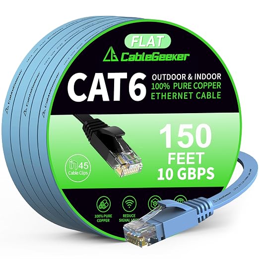 Cat 6 Ethernet Cable 150 ft, Indoor&Outdoor, High Speed 10Gbps Flat Internet by CableGeeker