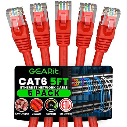 GEARit Cat 6 Patch Cables 5 ft Red Cat6 Patch Cables 5ft Red/Ethernet Patch by GEARit