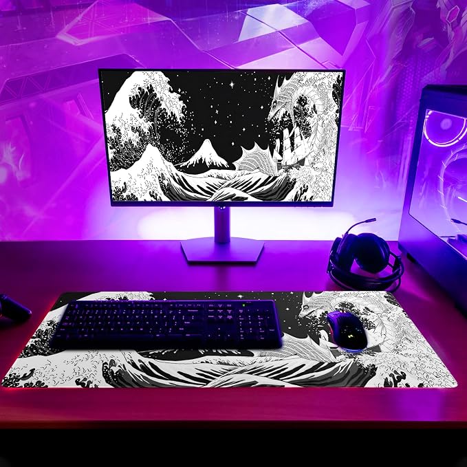 Black and White Japanese Wave Dragon Gaming Mouse Pad - Image 6