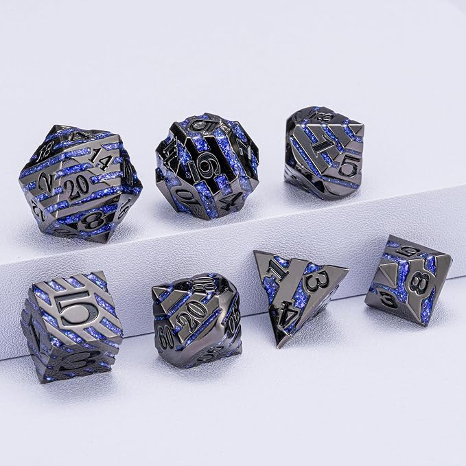 Anitque Metal Dice D&D, Metal Glitter Stripe Dice 7pcs Set - Image 4