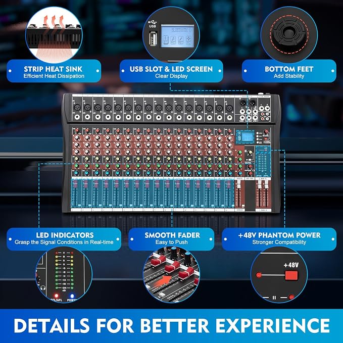 16 Channel Audio Mixer, Soundboard Mixing Console Sound Mixer DJ Sound - Image 6