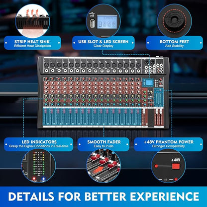 16 Channel Audio Mixer, Soundboard Mixing Console Sound Mixer DJ Sound - Image 6