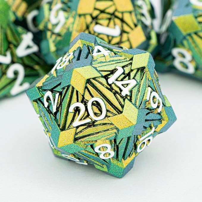 7PCS Metal DND Dice Set with Box, Debris RPG Green Yellow D and D Dice by ORIFANTOU