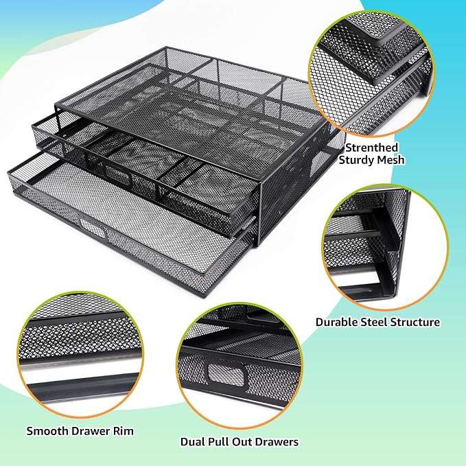 Computer Monitor Stands with Drawers, Metal Mesh Desktop Monitor Riser - Image 4
