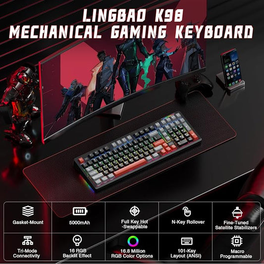 LINGBAO K98 Wireless Mechanical Gaming Keyboard, Tri-Mode BT5.0/2.4GHz/USB-C - Image 2