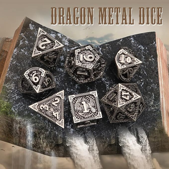PJOY Metal DND Dice Set Antique Silver Dragon Scale D&D Polyhedral Dice - Image 4