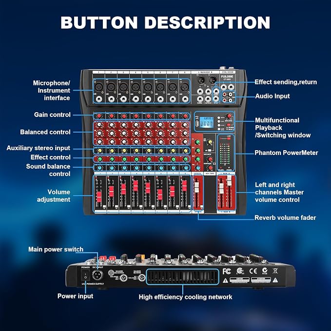 8 Channel Audio Mixer, Professional Music Mixer Board DJ Mixing Console - Image 8