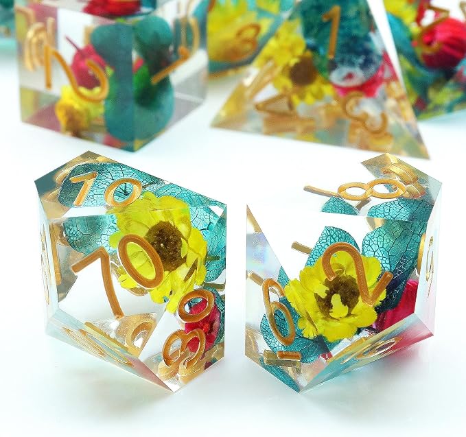 Haxtec Flower Sharp Edge Dice Resin DND Dice Set 7PCS Yellow Blue Red - Image 3