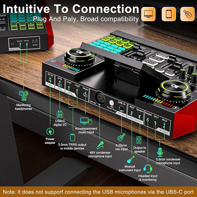 Podcast Equipment Bundle with Live Sound Card Audio Mixer, 3.5mm Condenser - Image 5