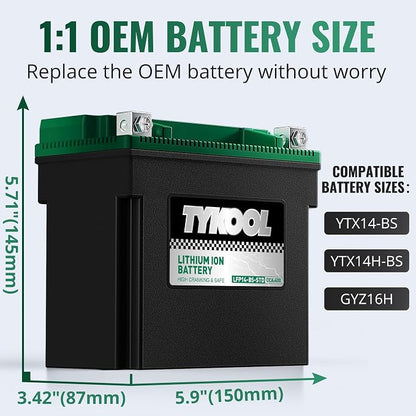 TYKOOL YTX14-BS-STD 400 CCA, Lithium LiFePO4 12v Motorcycle Battery, ATV Battery - Image 3