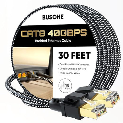 BUSOHE Cat 8 Ethernet Cable 30 FT, High Speed 40Gbps 2000Mhz Braided Network by BUSOHE