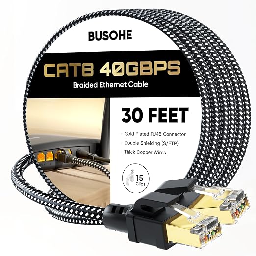 BUSOHE Cat 8 Ethernet Cable 30 FT, High Speed 40Gbps 2000Mhz Braided Network by BUSOHE