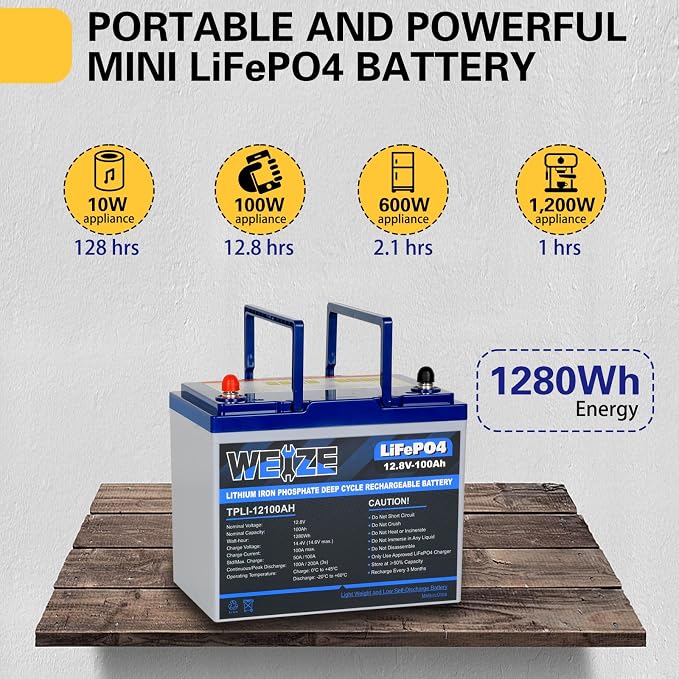 WEIZE 12V 100Ah Mini LiFePO4 Battery, Built-in 100A Smart BMS, Deep Cycle - Image 3
