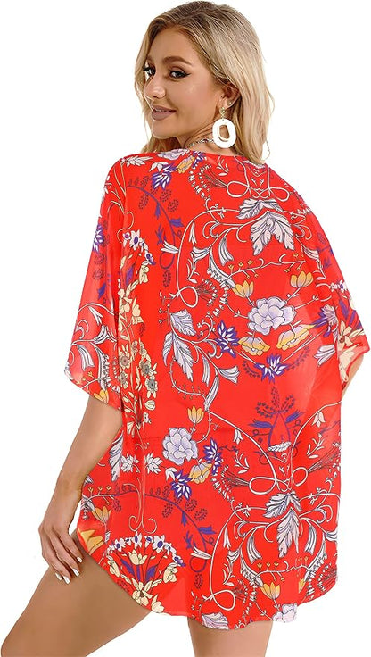 Women's Floral Print Puff Sleeve Kimono Cardigan Loose Cover Up Casual Blouse - Image 6
