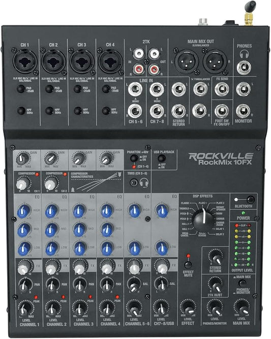 Rockville ROCKMIX 10FX 10-Channel Mixer, USB Recording Interface, Digital by Rockville