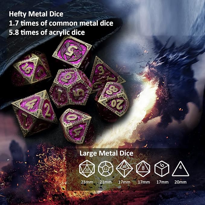 Haxtec Metal Dice Set Purple Black Dragon Pattern Metal DND Dice - Image 6