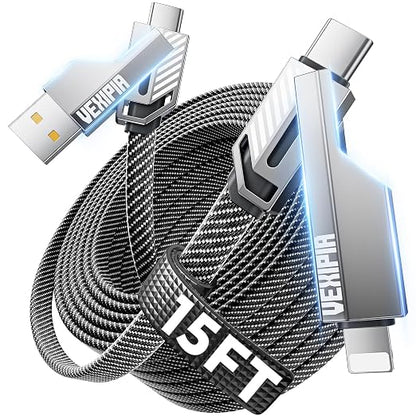 4-in-1 Long USB C Cable 45W 15FT Fast Charging Flat Nylon Braided by Vexipia