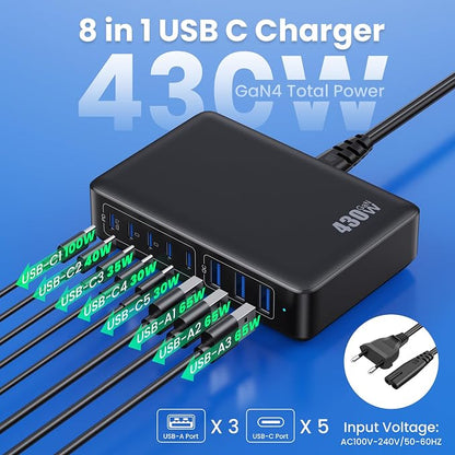 USB C Charger 430W USB C Charger Block 8-Ports GaN IV Fast Charging Station - Image 2