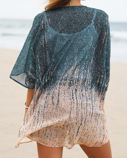 Women's Floral Print Puff Sleeve Kimono Cardigan Loose Cover Up Casual Blouse - Image 6