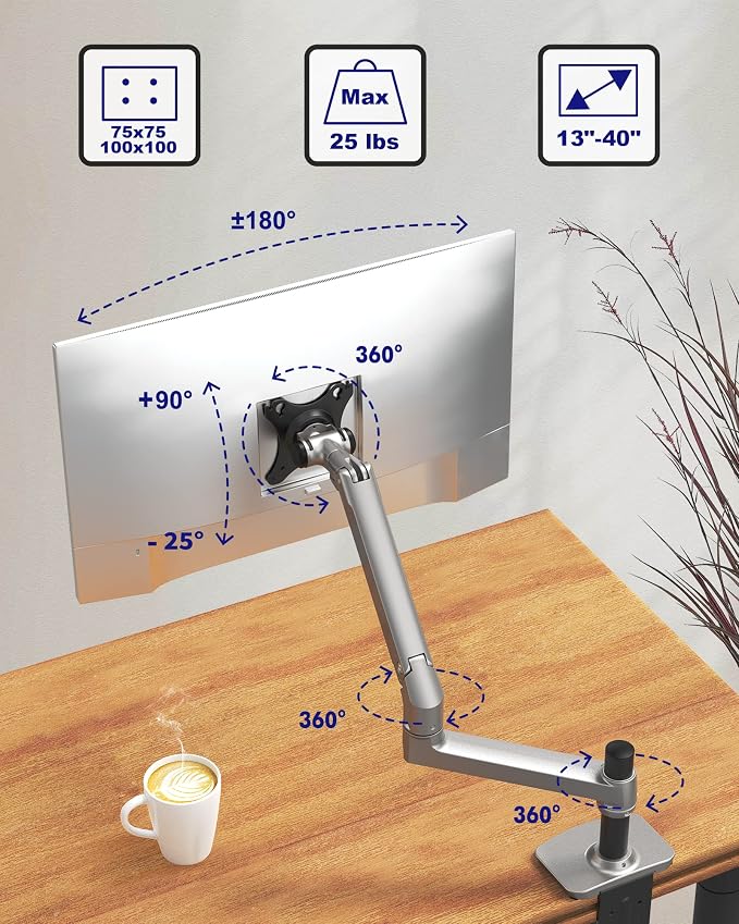 Single Monitor Arm Desk Mount, Holds Screens up to 40 Inches and 25 lbs - Image 2