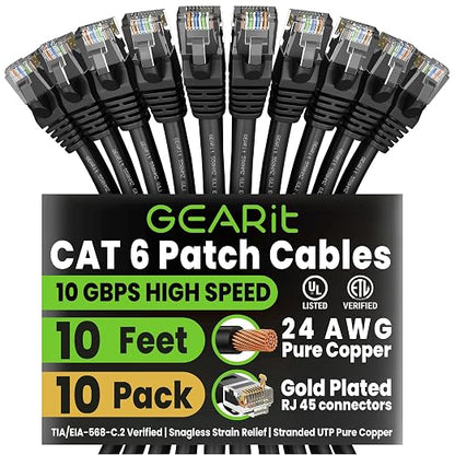 GEARit Cat 6 Ethernet Patch Cable 10 ft Black Cat6 Patch Cables 10ft by GEARit