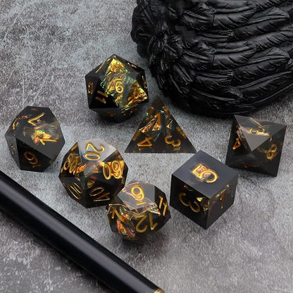 Haxtec Sharp Edge Dice Set DND Dice Black Resin Dice Iridecent Mylar Galaxy D&D - Image 4