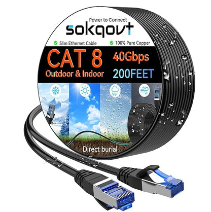 Sokqovt Cat 8 Ethernet Cable Slim 200ft Outdoor&Indoor, Pure Copper Cat8 by Unknown