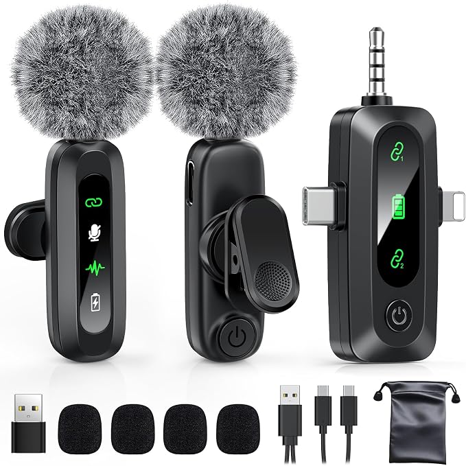 Wireless Lavalier Microphone for iPhone, USB C, Camera Video Recording 4 in 1 by GoorDik