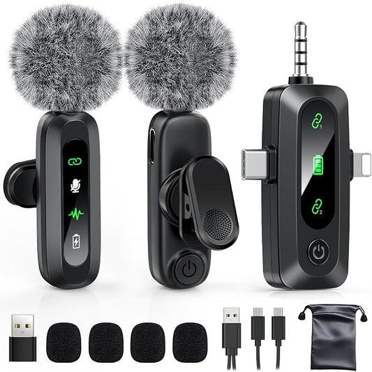 Wireless Lavalier Microphone for iPhone, USB C, Camera Video Recording 4 in 1 by GoorDik