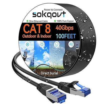 Sokqovt Cat 8 Ethernet Cable Slim 100ft Outdoor&Indoor, Pure Copper Cat8 by Unknown