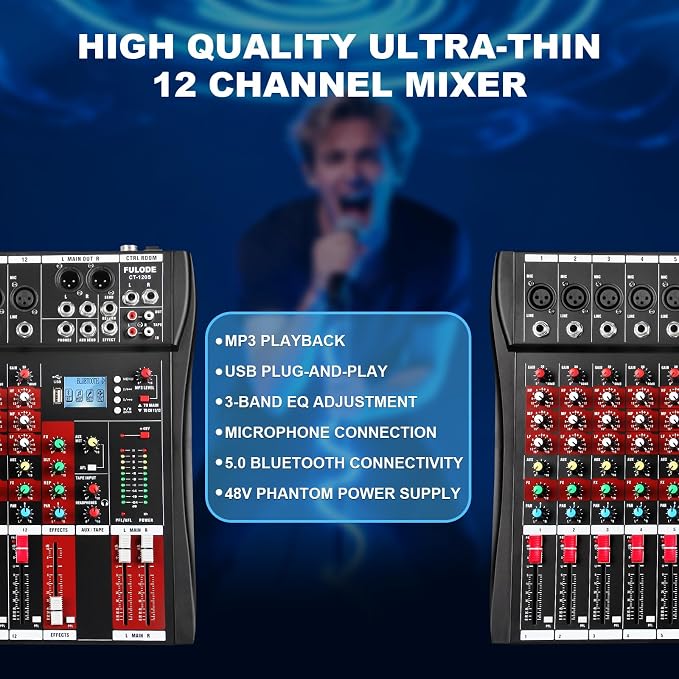 12 Channel Audio Mixer, Professional Music Mixer Board DJ Mixing Console - Image 2