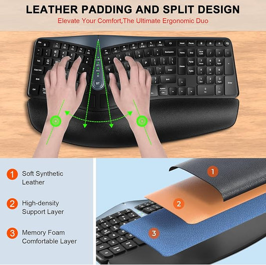 Ergonomic Wireless Keyboard Mouse Combo, MK835 Wave Keys Bluetooth/2.4G Split - Image 2