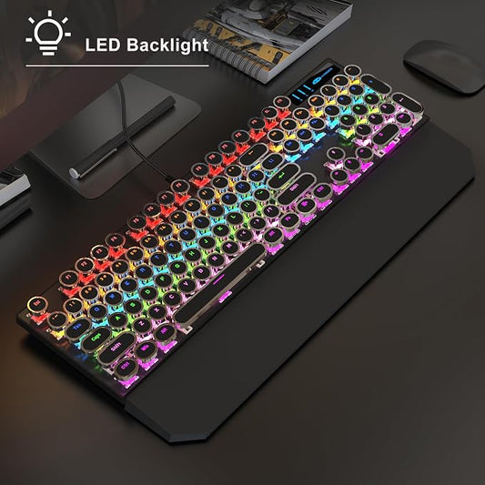 MageGee Typewriter Mechanical Gaming Keyboard, Retro Black Punk Round Keycaps - Image 2